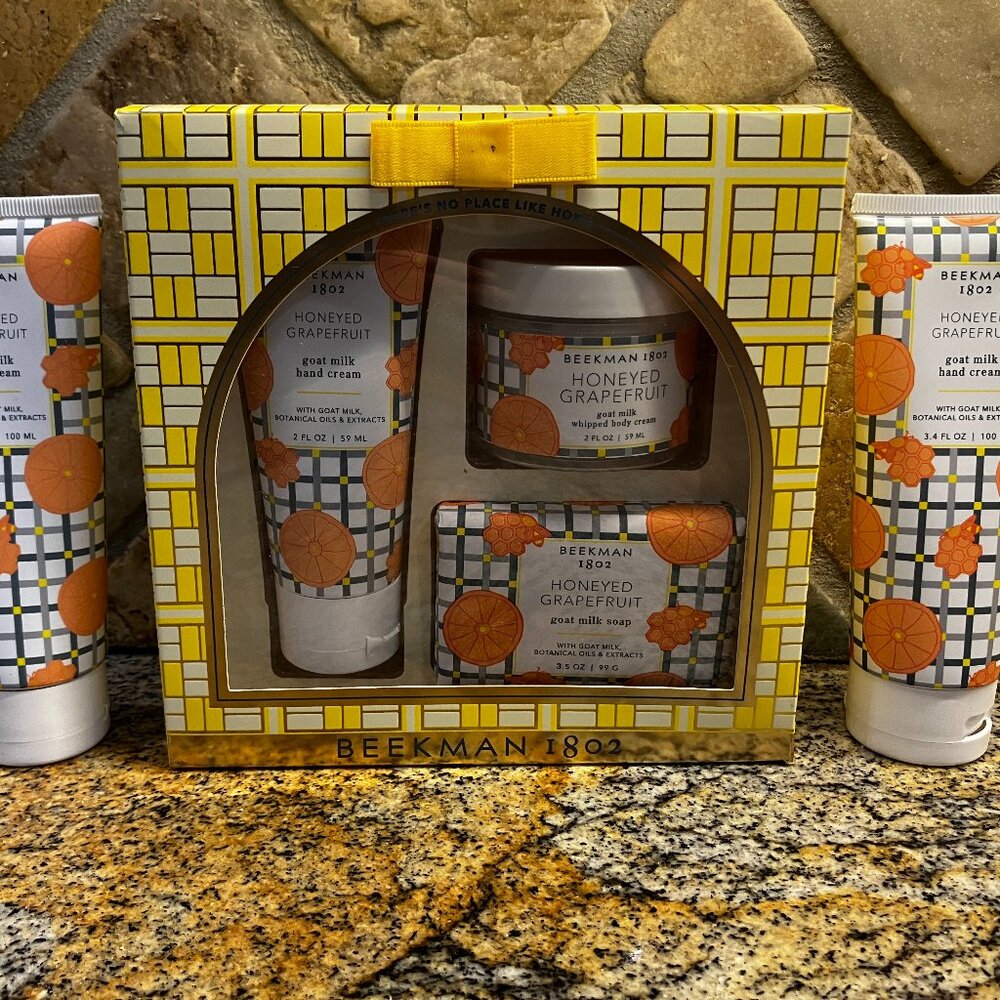Beekman 1802 Honeyed Grapefruit Set !! 3 Hand Cremes , Bath Bar , Creme! NEW